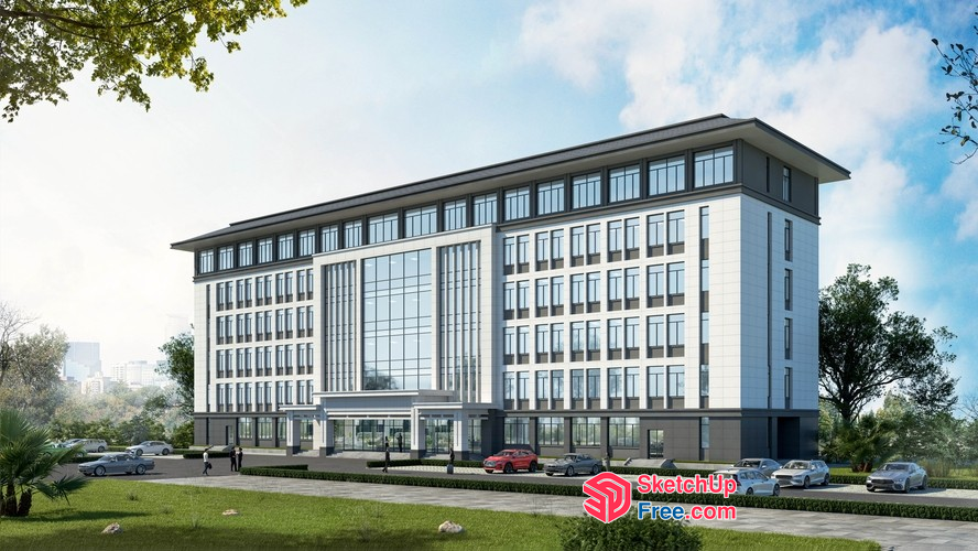 Modern Office Building With Glass Curtain Wall Facade 3D SketchUp File
