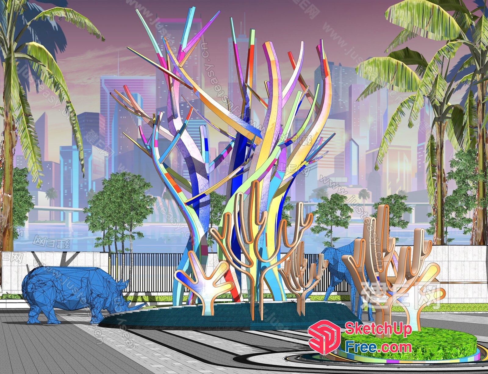 Colorful Modern Art Sculpture In Front Of Cityscape 3D SketchUp File