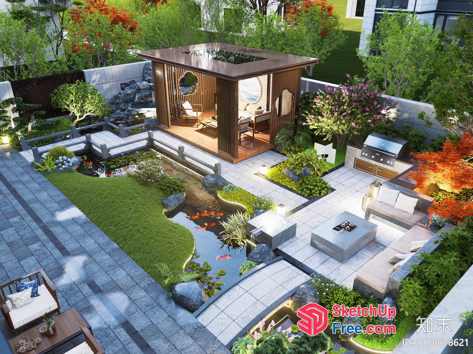 Luxurious Modern Japanese-Style Backyard With Koi Pond 3D SketchUp File