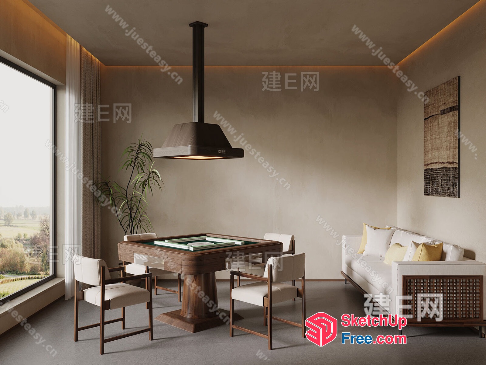 Elegant Living Room With Large Window And Dining Area 3D SketchUp File