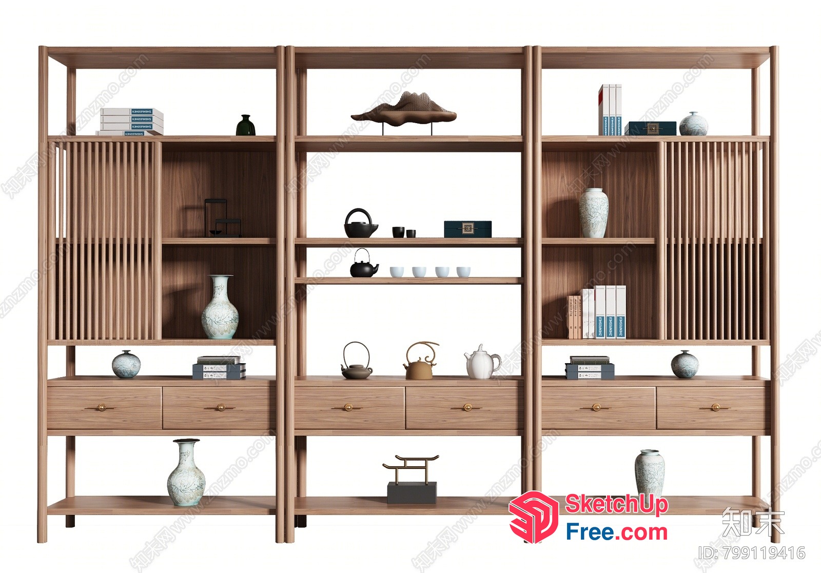 Modern Japanese-Inspired Shelving Unit With Decorative Elements 3D SketchUp File