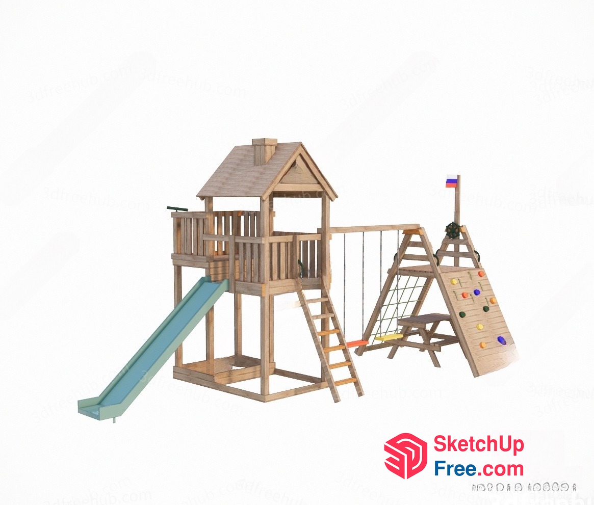 Wooden Playhouse With Slide And Climbing Wall 3D SketchUp File