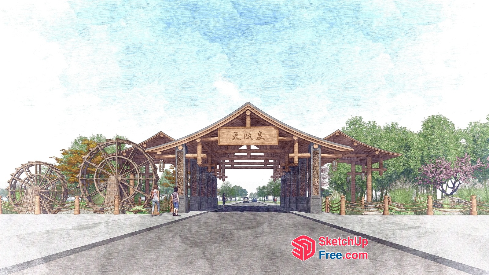 Asian-Inspired Water Wheel Entrance 3D SketchUp File