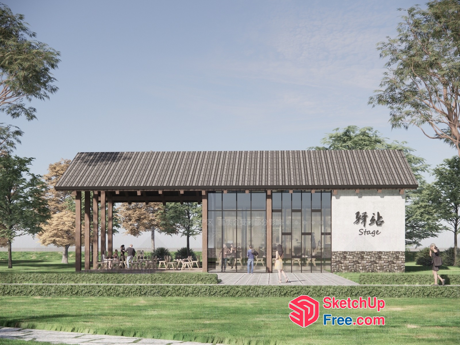Stage Pavilion With Glass Curtain Wall And Stone Accent 3D SketchUp File