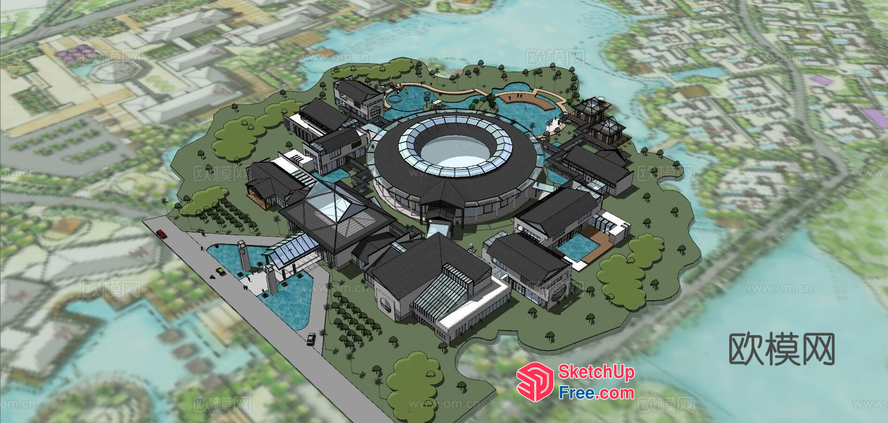 Modern Chinese Architectural Design With Water Features 3D SketchUp File