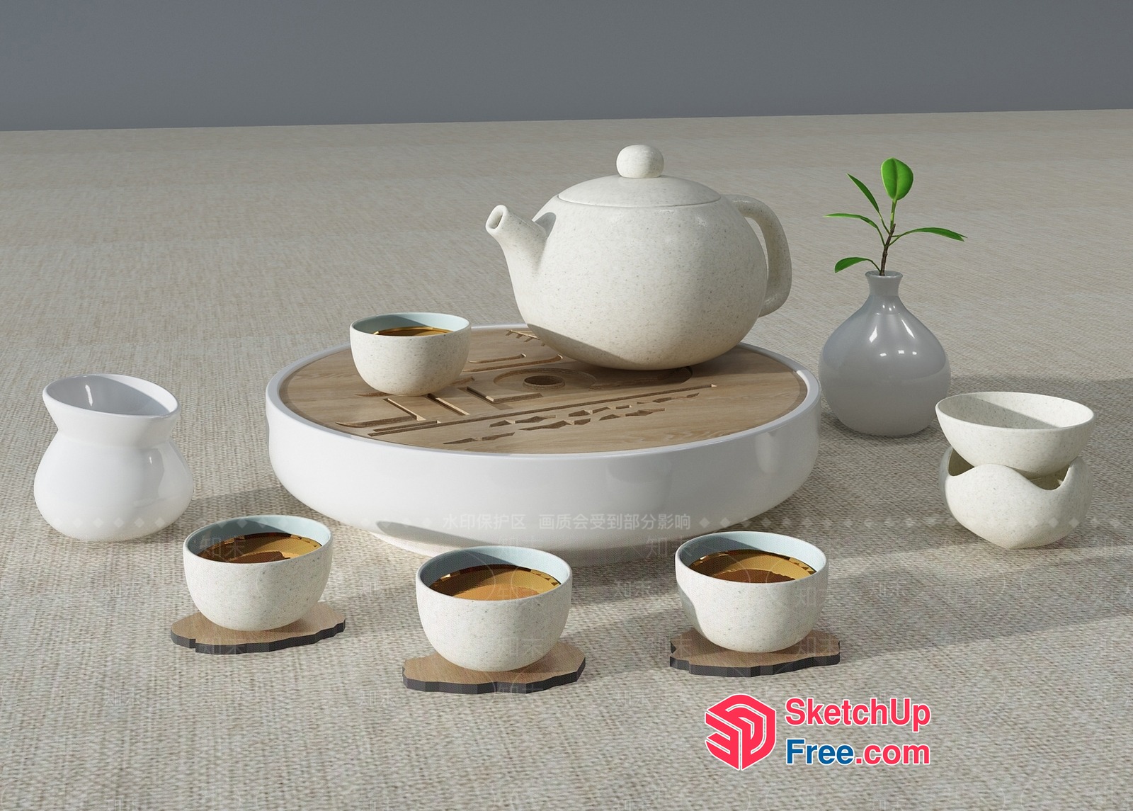 White Teapot And Tea Cups On Wooden Tray 3D SketchUp File