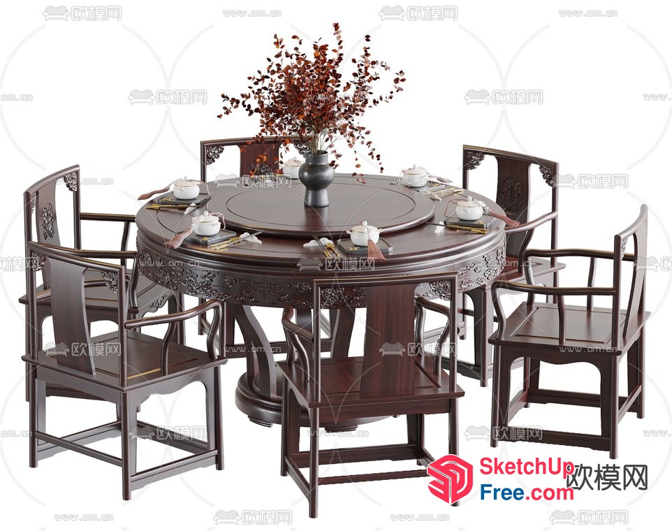 Round Dining Table With Intricate Carvings And Ornate Chairs 3D SketchUp File