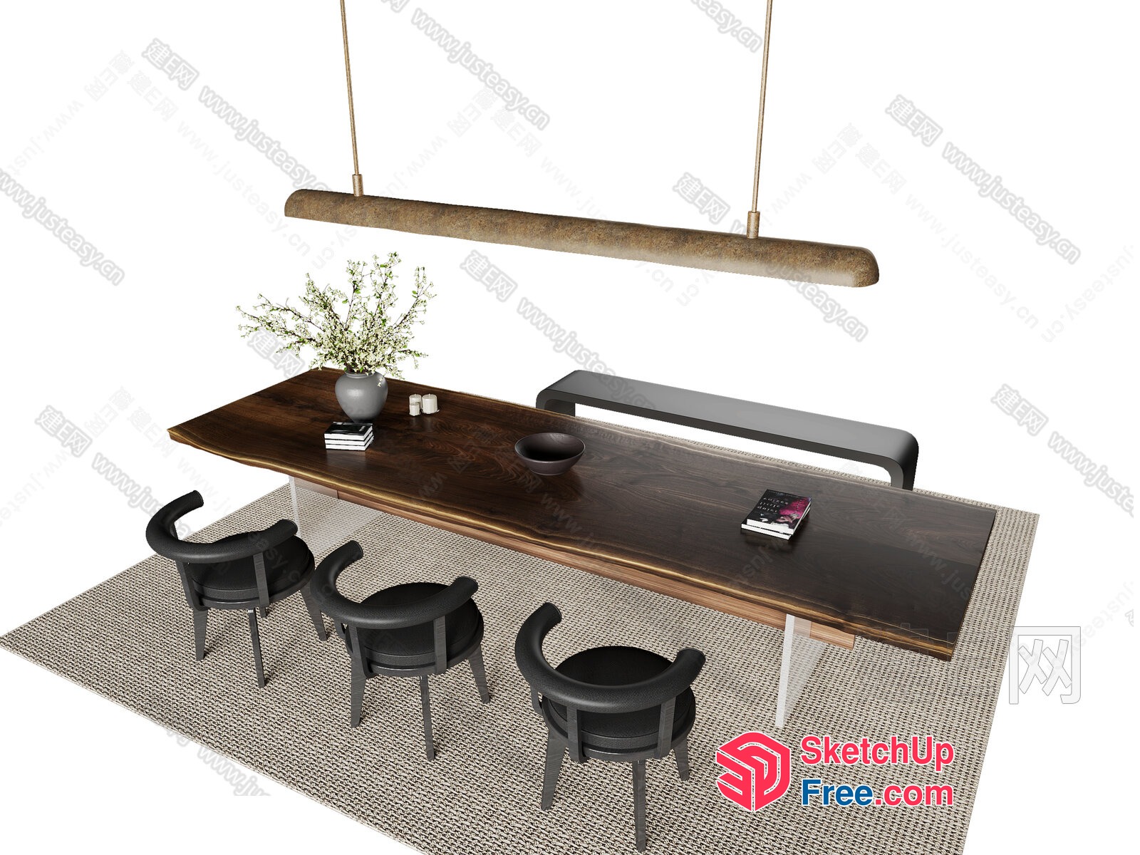 Modern Dining Room With Dark Wood Table And Hanging Light Fixture 3D SketchUp File