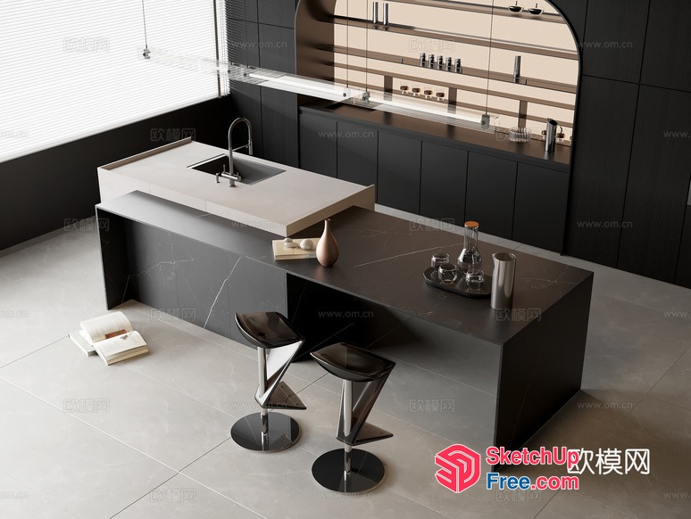 Modern Kitchen With Sleek Counter And Stools 3D SketchUp File