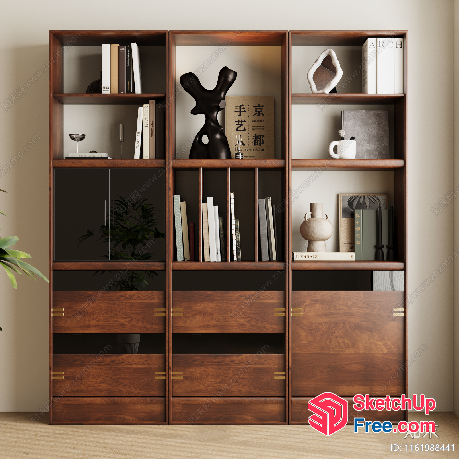 Modern Japanese-Style Wooden Bookcase With Decorative Items 3D SketchUp File