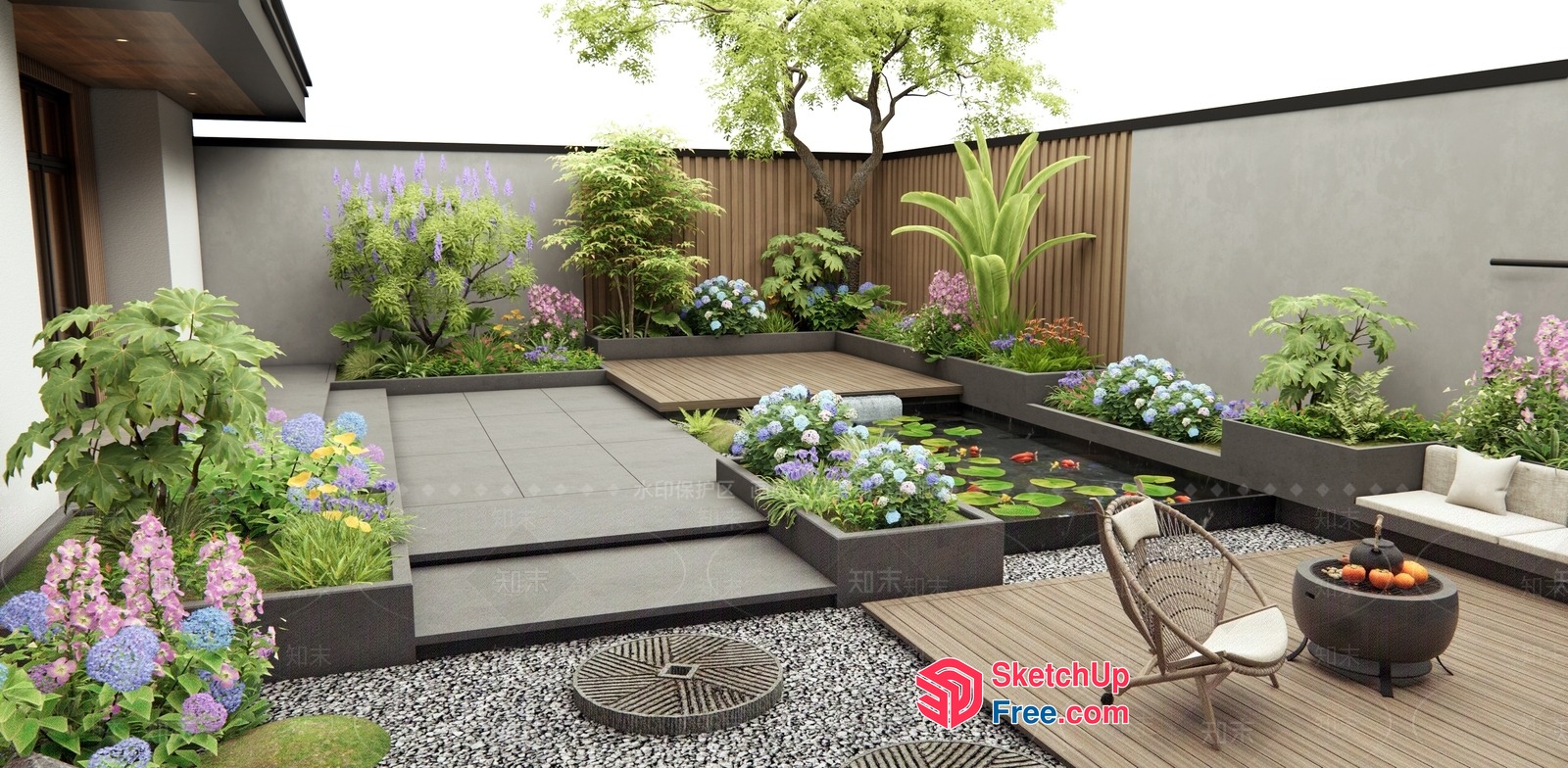Serene Courtyard Oasis With Lush Greenery And Water Features 3D SketchUp File