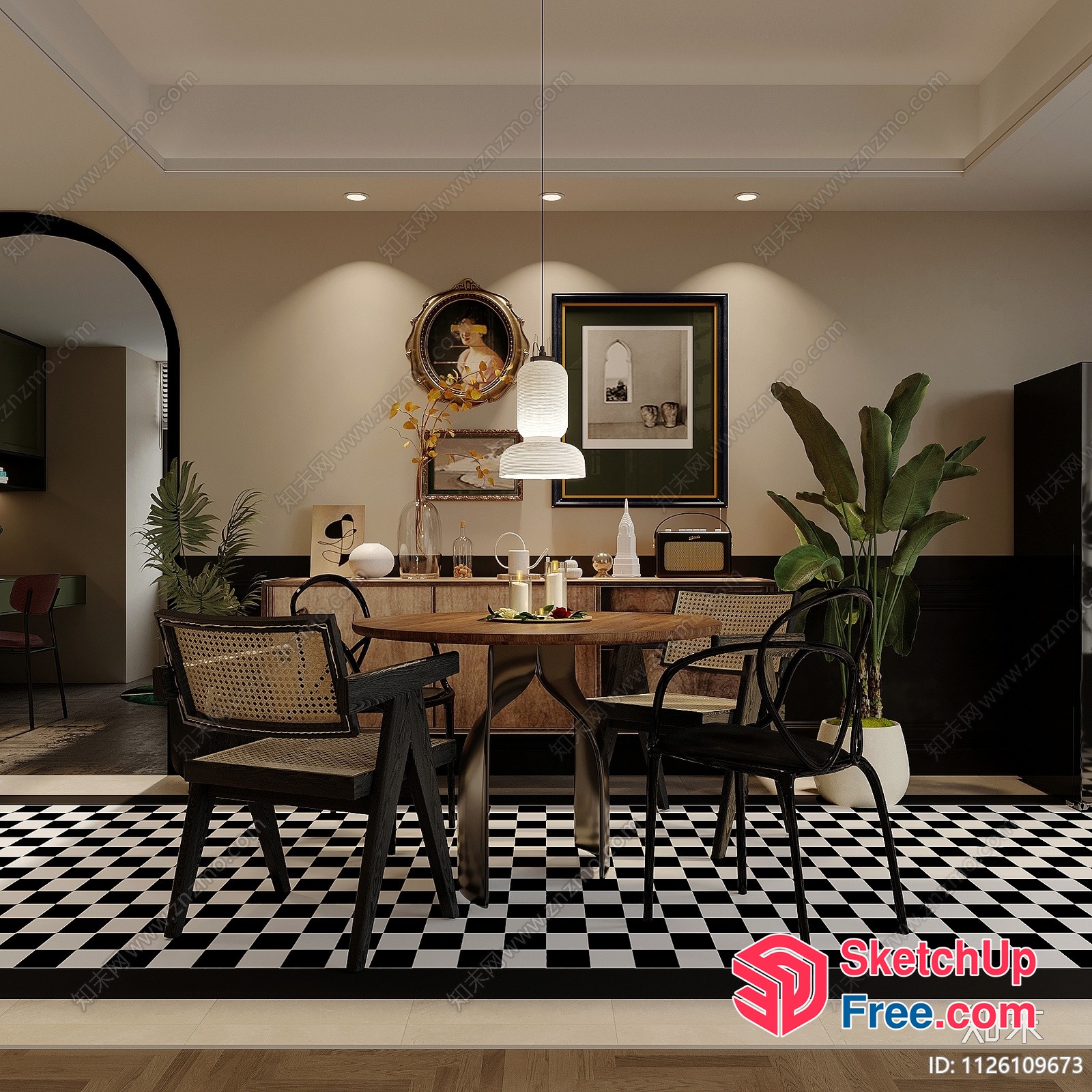 Modern Dining Room With Black And White Checkered Floor 3D SketchUp File