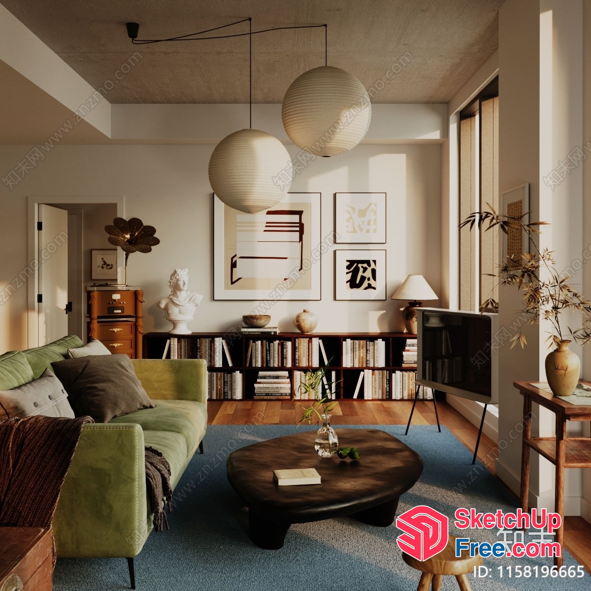 Modern Living Room With Green Sofa And Blue Rug 3D SketchUp File