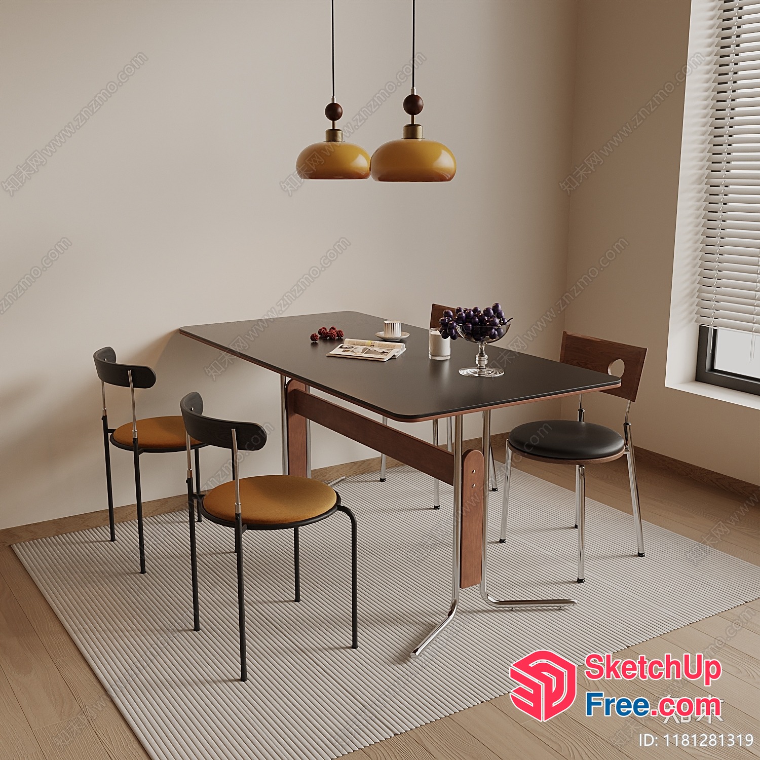 Modern Dining Room With Black Table And White Rug 3D SketchUp File