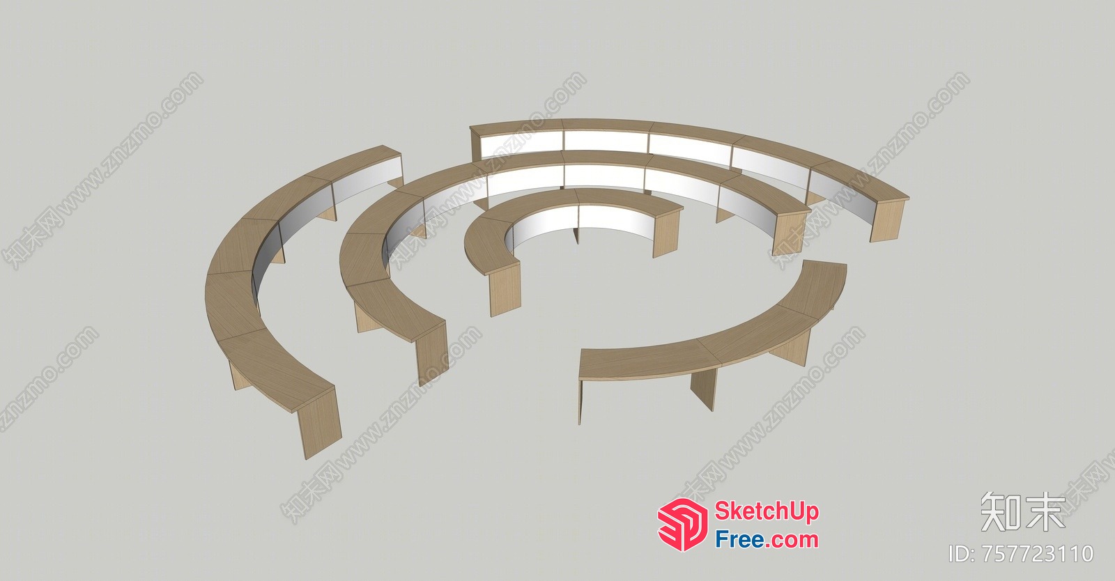 Curved Wooden Benches And Desks In A Circular Arrangement 3D SketchUp File