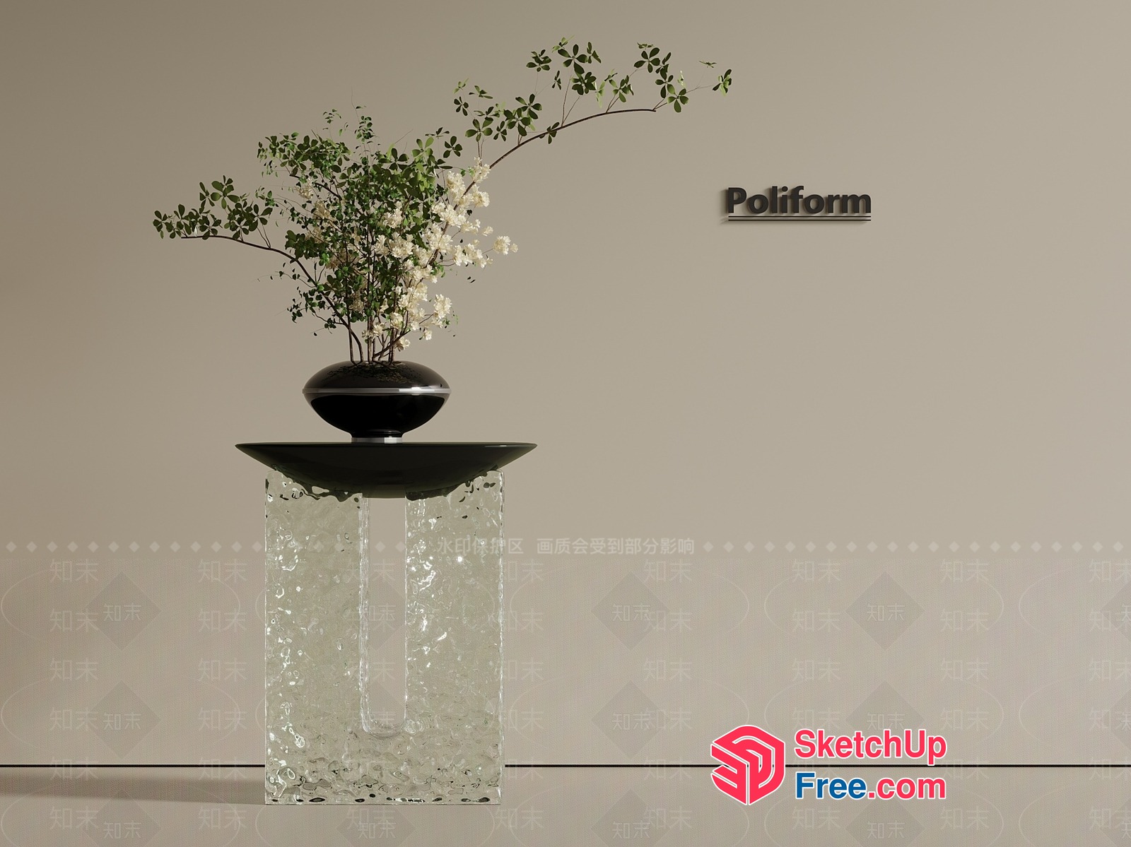 Elegant Japanese-Style Flower Arrangement In Black Vase 3D SketchUp File