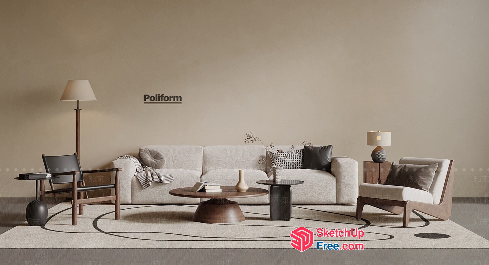 Minimalist Scandinavian Living Room With Creamy Style Furniture 3D SketchUp File