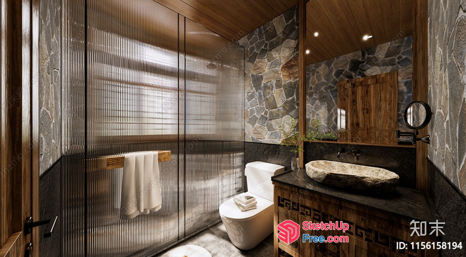 Modern Bathroom Interior With Stone And Wood Accents 3D SketchUp File