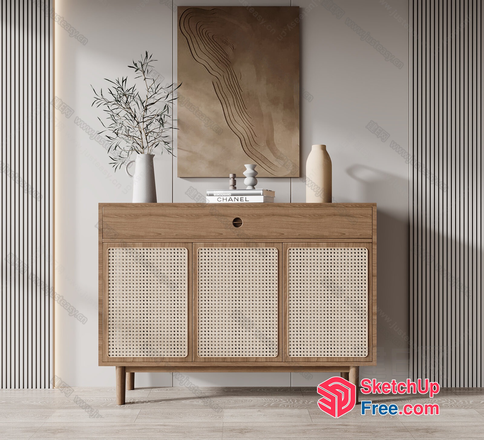 Elegant Sideboard With Rattan Doors And Vases 3D SketchUp File