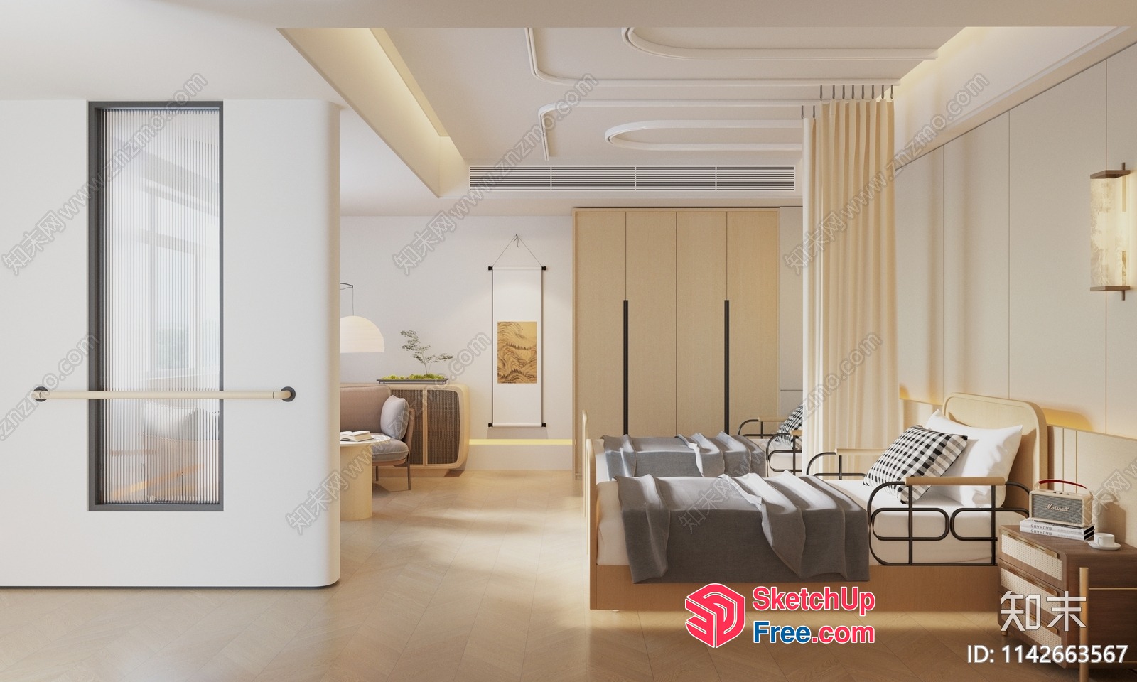 Minimalist Japanese Style Bedroom With White And Wood Accents 3D SketchUp File