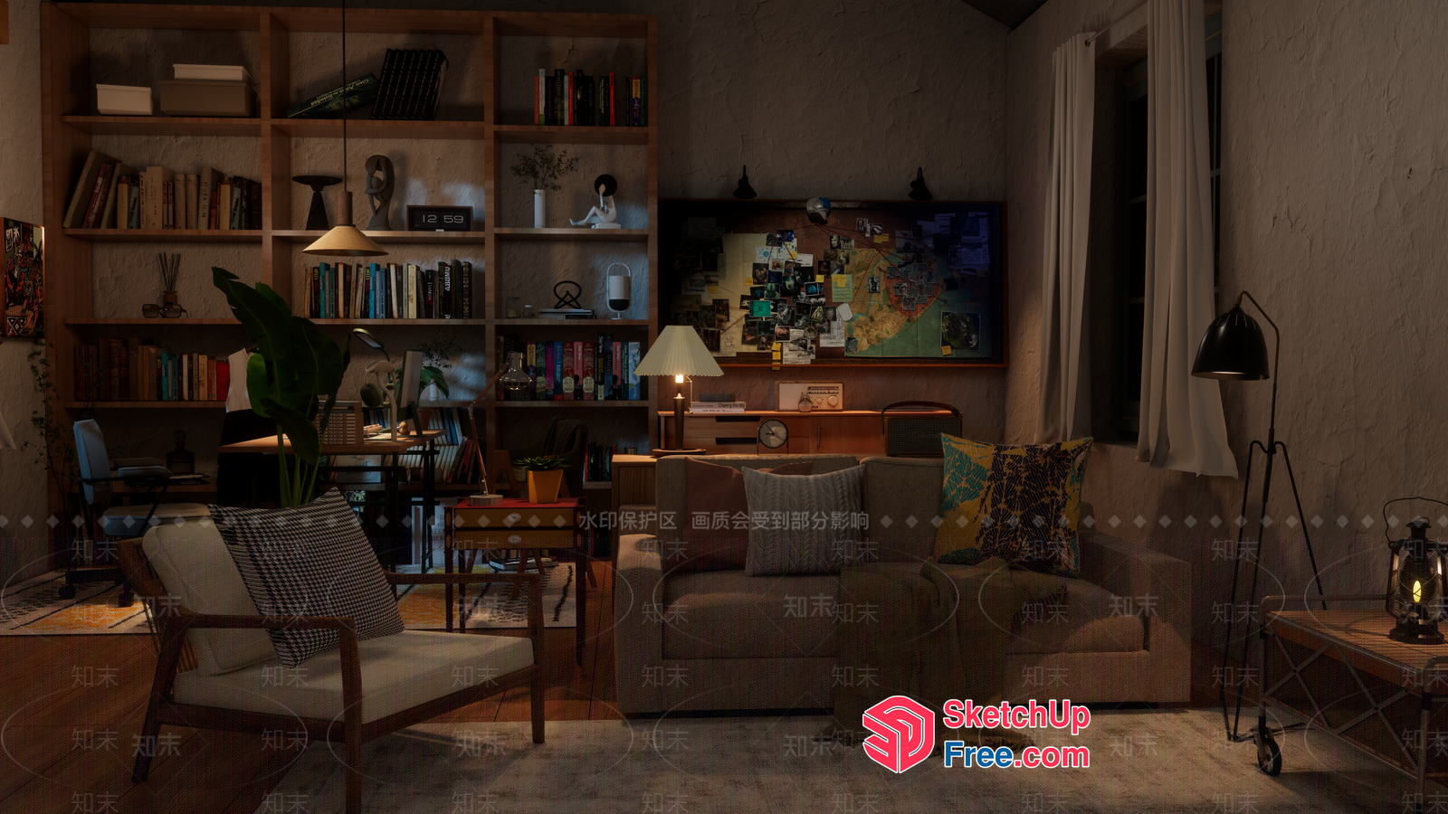 Cozy Living Room With Bookshelf And Pillows 3D SketchUp File