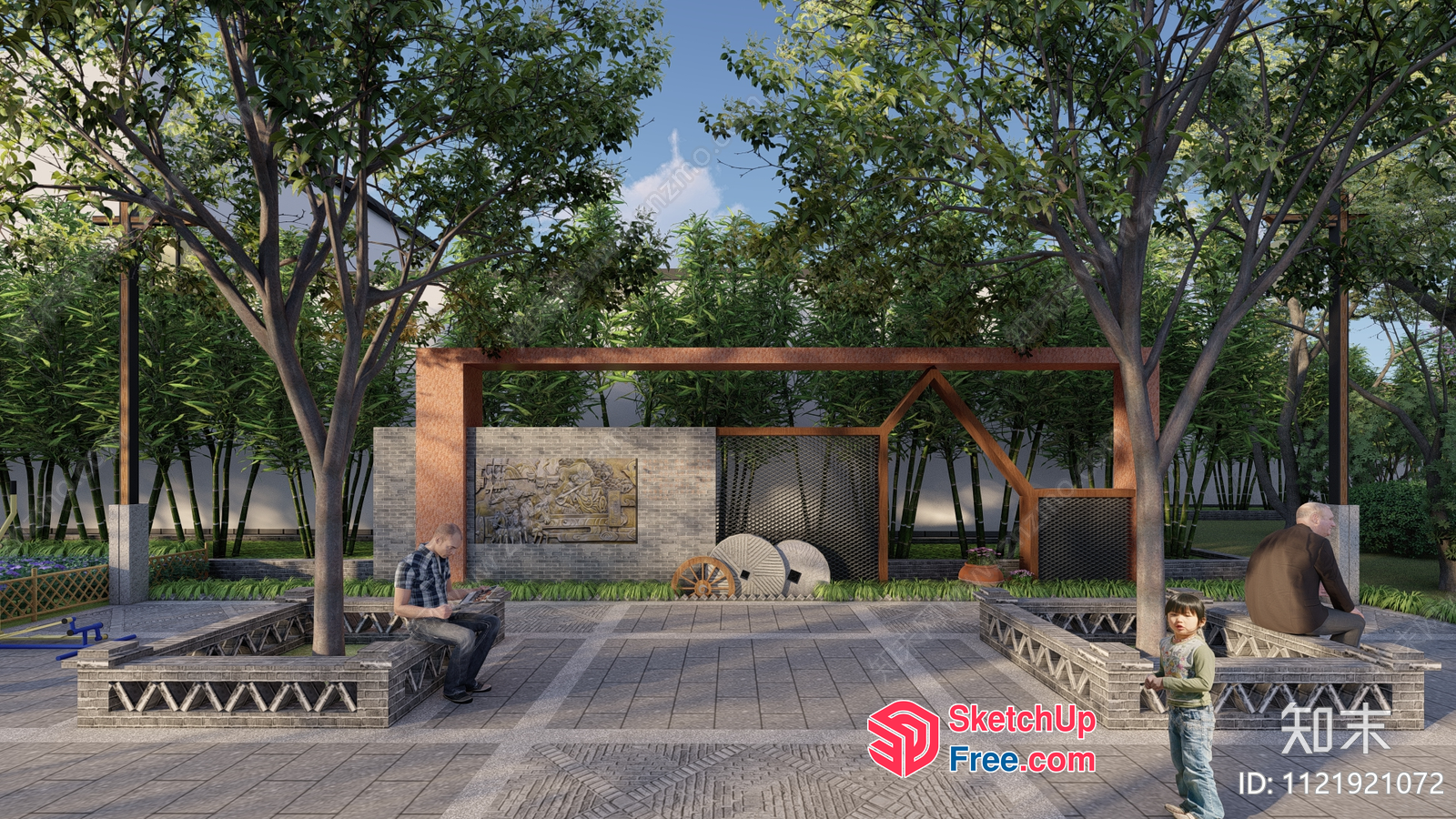 Outdoor Seating Area With Pillars And Trees 3D SketchUp File