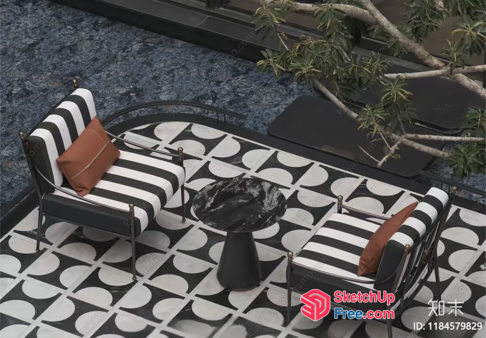 Striped Sofa And Pillows On A Polka-Dotted Tile Floor 3D SketchUp File