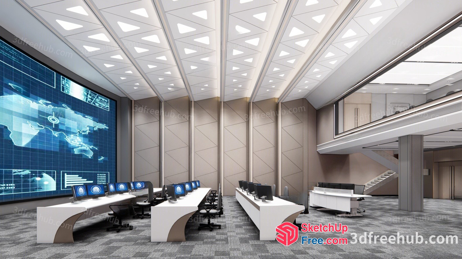 Modern Office Space With Large Screen And Multiple Desks 3D SketchUp File
