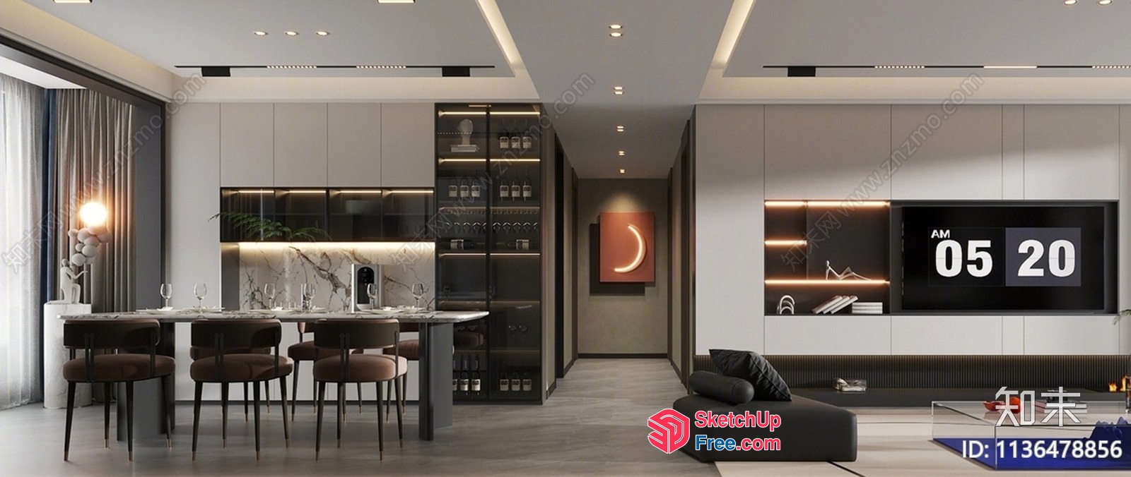 Modern Minimalist Living Room With Dining Area 3D SketchUp File