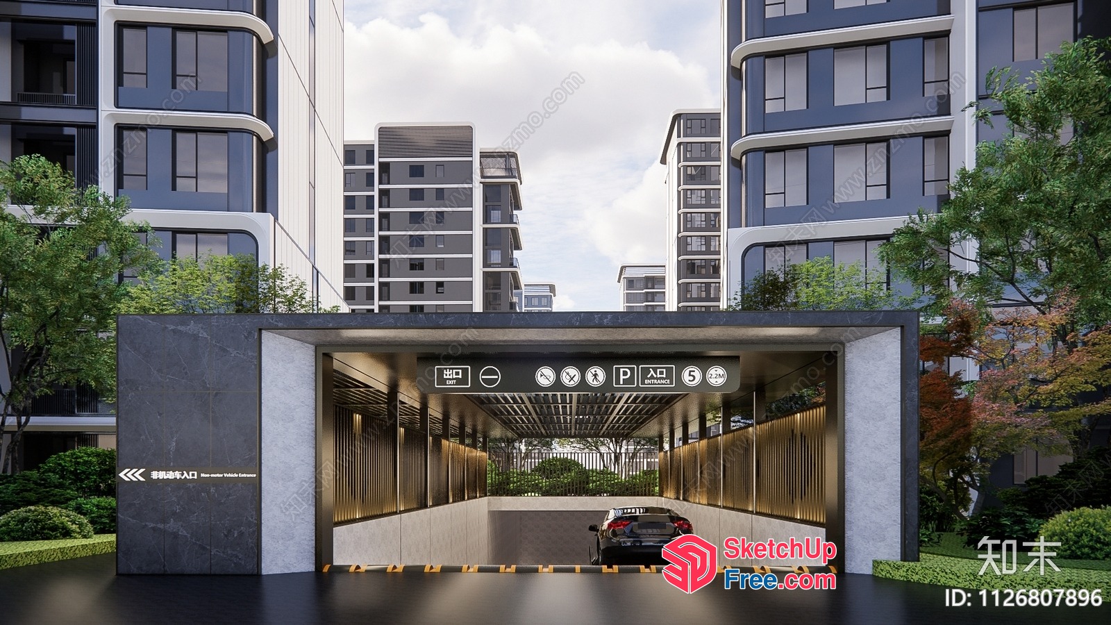 Modern Building Exterior With Garage And Parking 3D SketchUp File