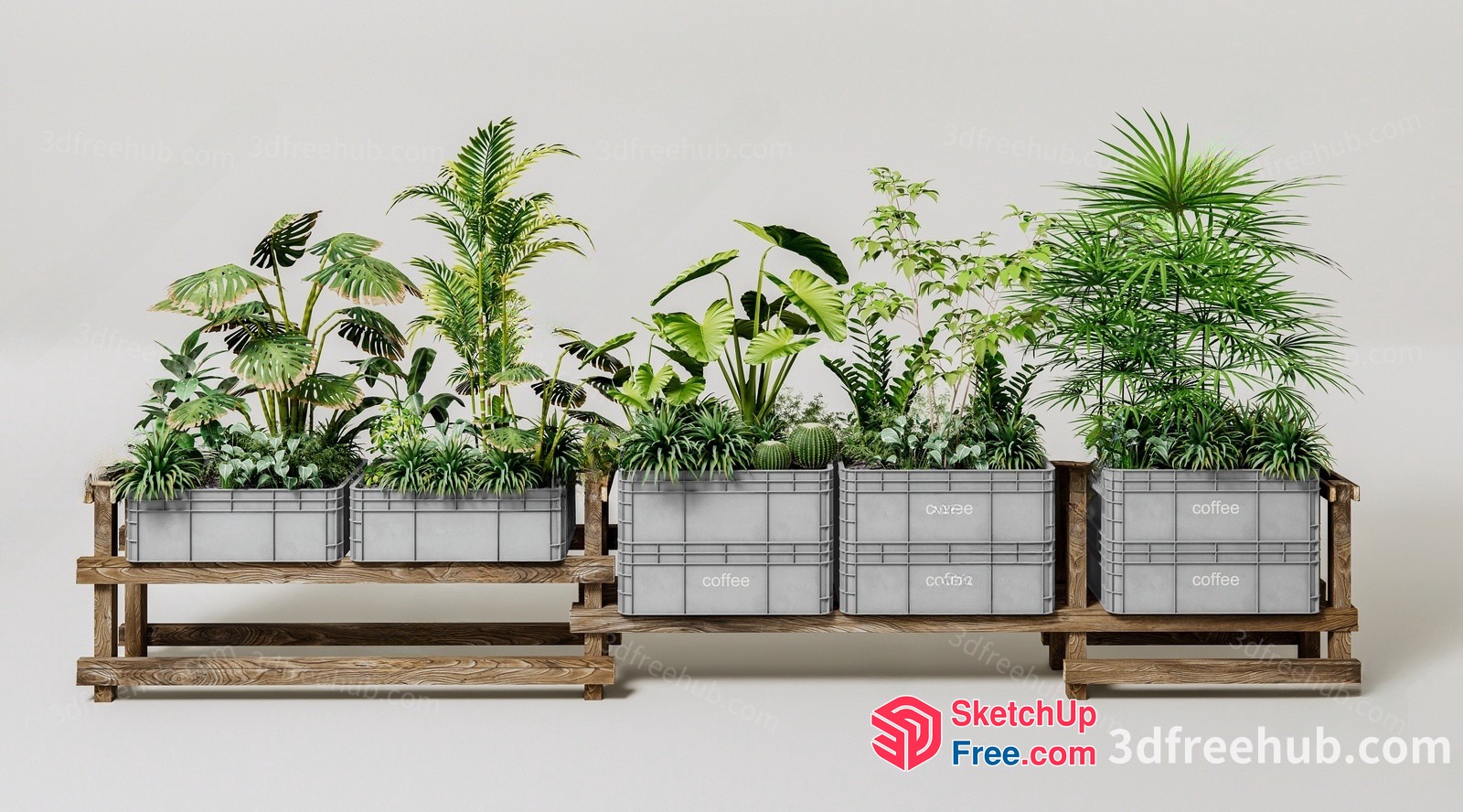 Potted Plants In Wooden Planters 3D SketchUp File