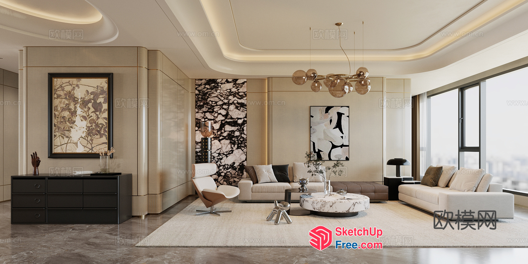 Elegant Living Room With Creamy Style And Modern Decor 3D SketchUp File