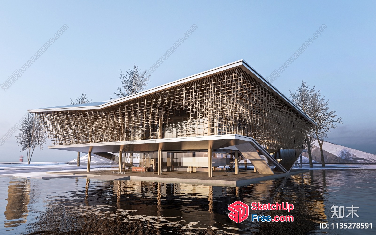 Modern Glass Building Over Water 3D SketchUp File
