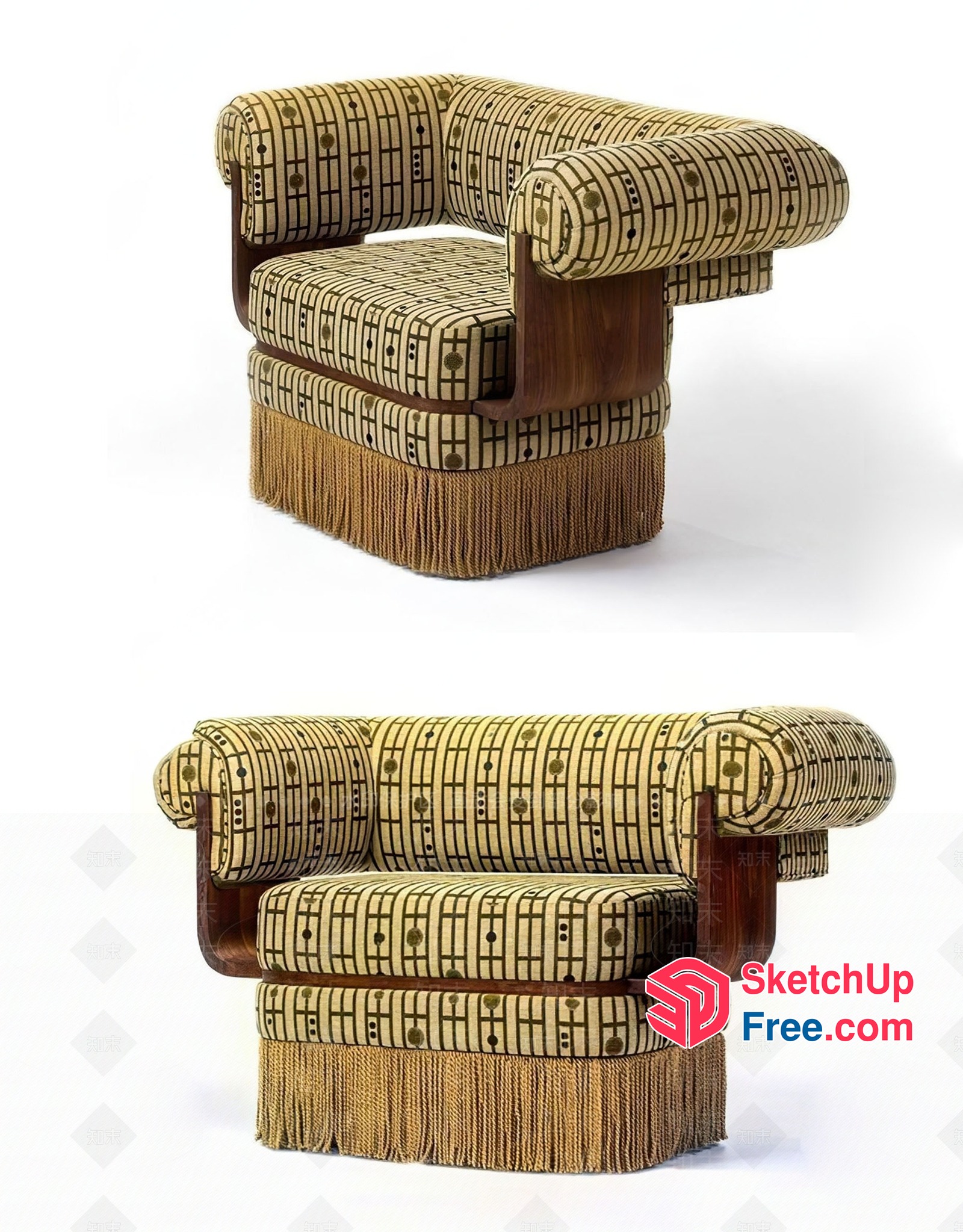 Retro-Style Sofa With Wooden Frame And Tassels 3D SketchUp File