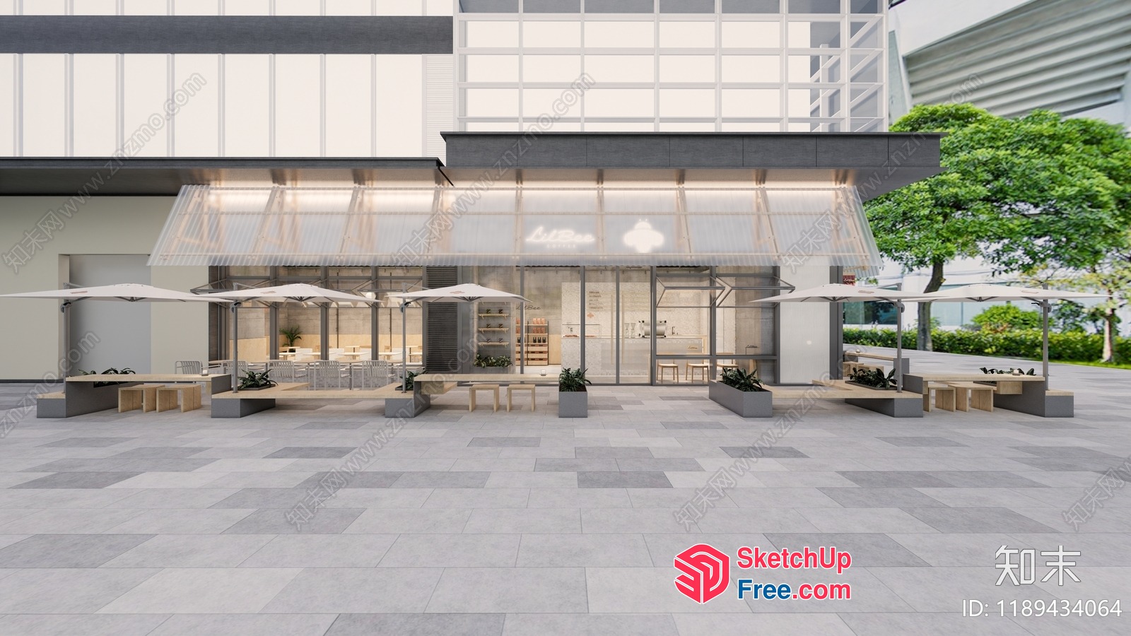Modern Commercial Building Exterior With Outdoor Seating Area 3D SketchUp File