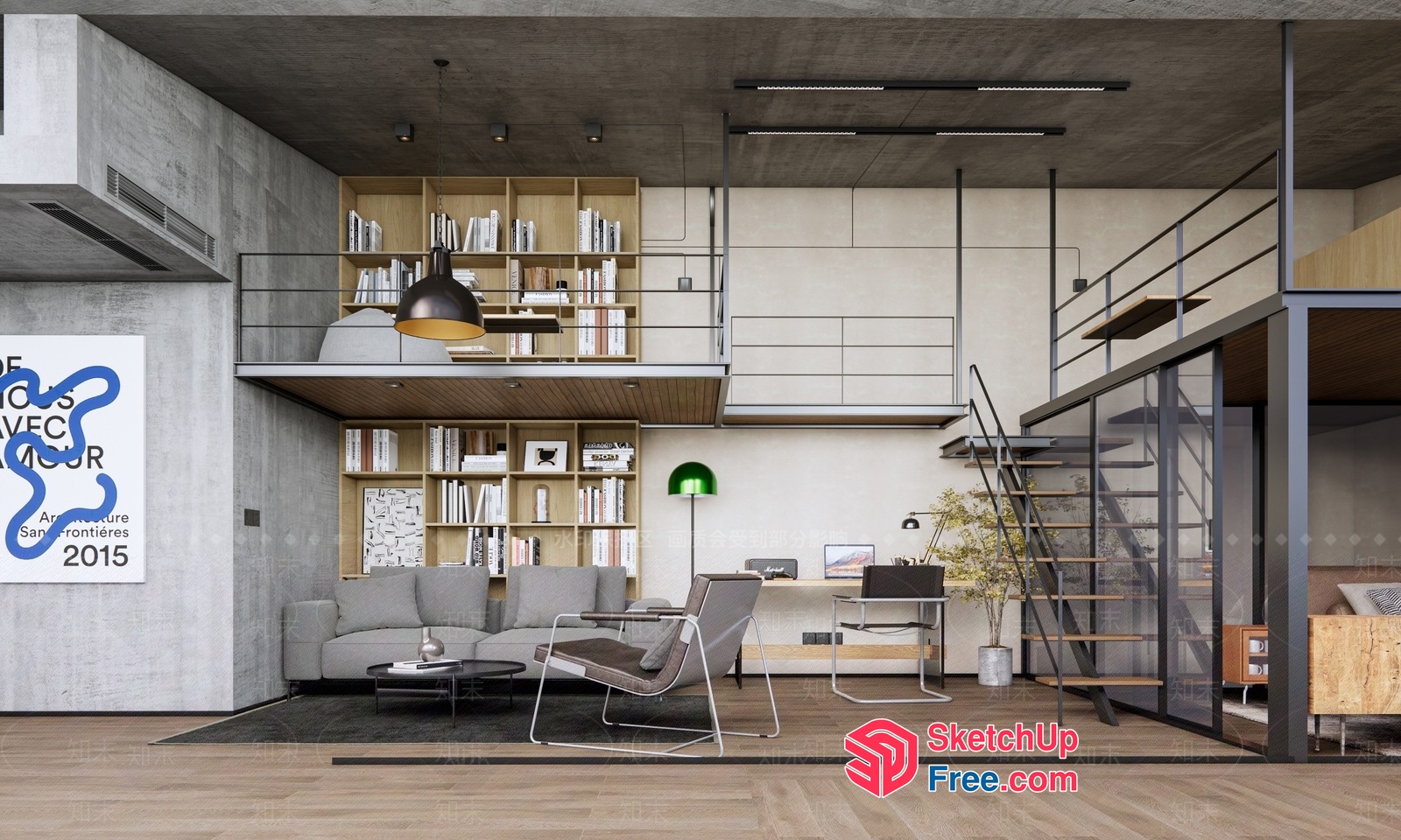 Modern Industrial Loft Living Space With Lofted Office 3D SketchUp File