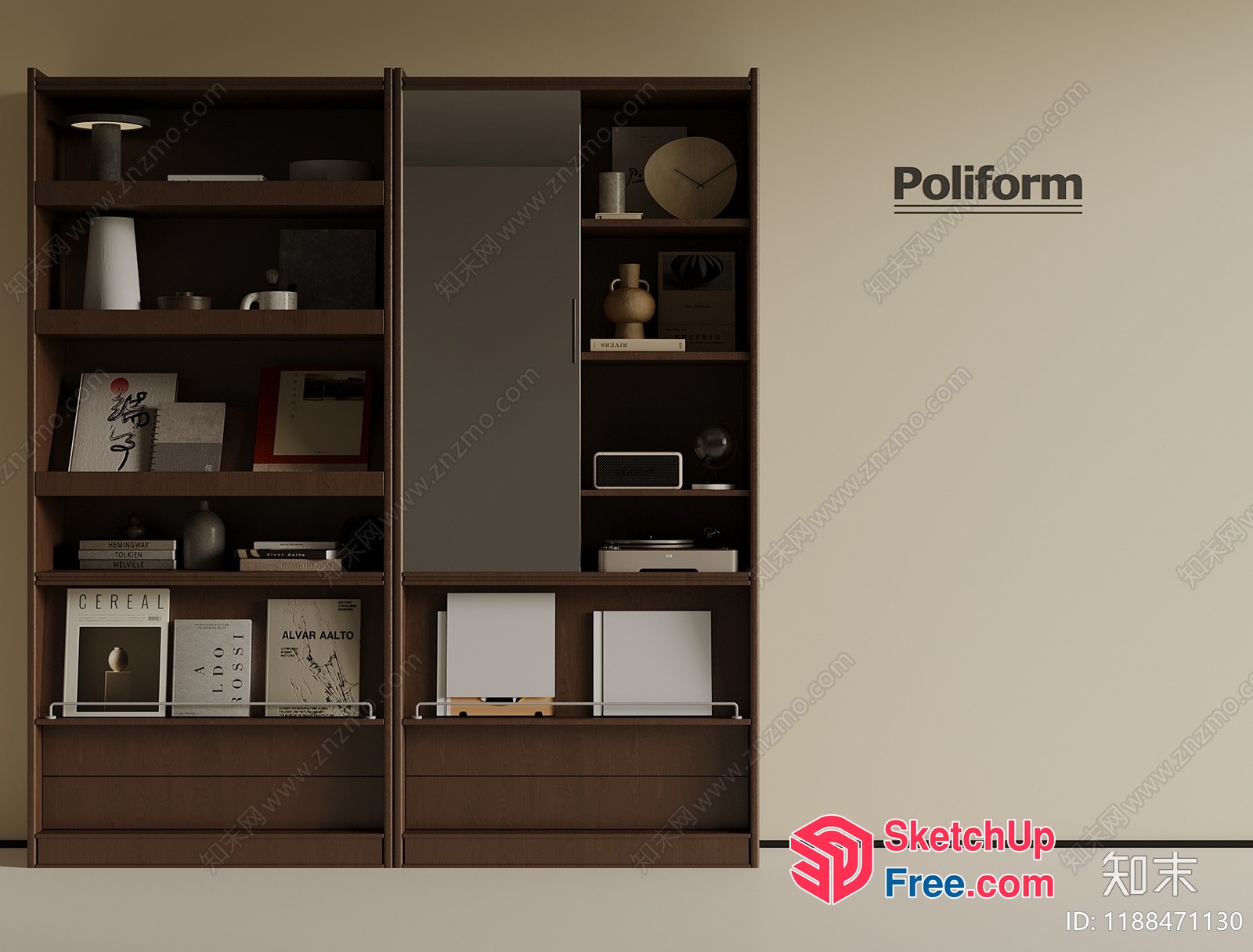 Poliform Wardrobe With Bookcase And Decorative Shelf 3D SketchUp File