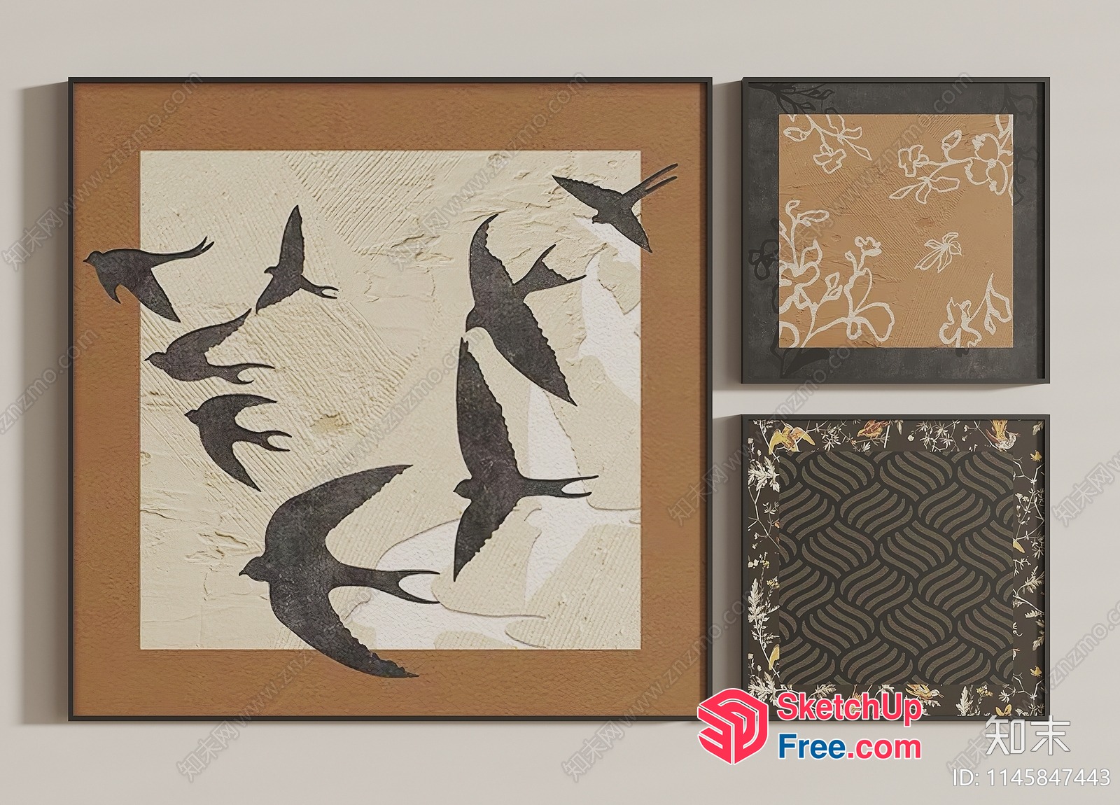 Elegant Bird Silhouettes And Floral Patterns On Textured Background 3D SketchUp File