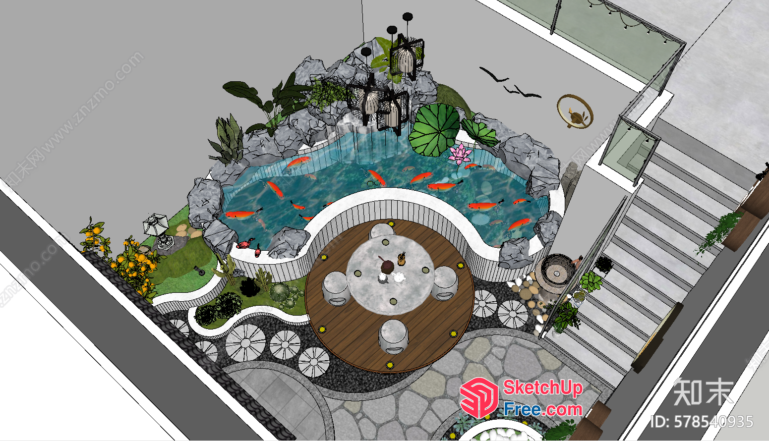 Serene Koi Pond And Stairway Interior Design 3D SketchUp File