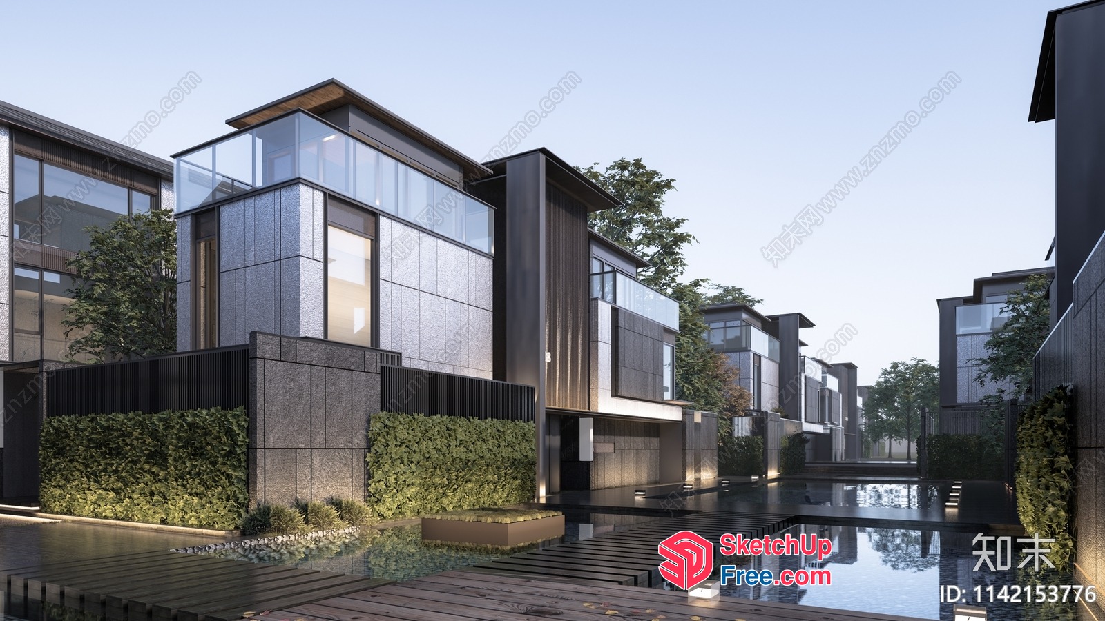 Modern Architecture With Glass Curtain Wall And Pool 3D SketchUp File
