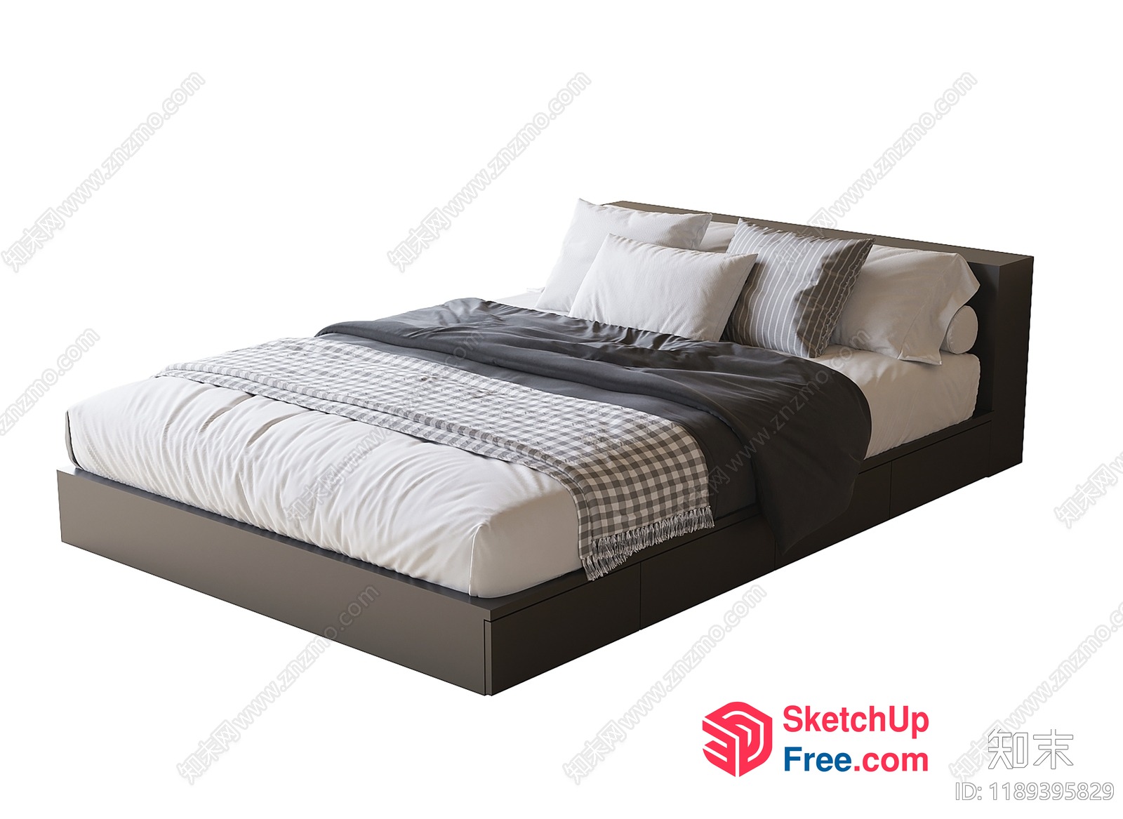 Modern Bed With Plush Pillows And Blankets 3D SketchUp File