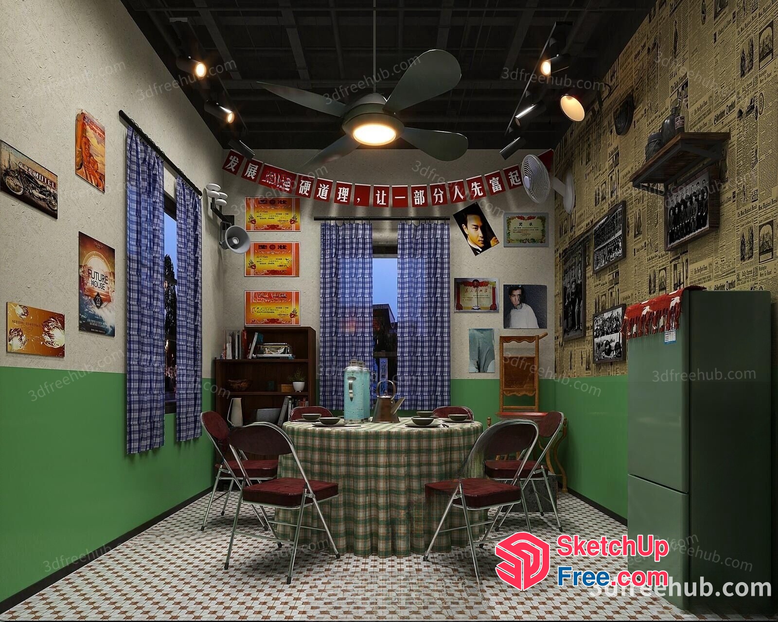 Vintage-Style Dining Room With Plaid Tablecloth And Chairs 3D SketchUp File