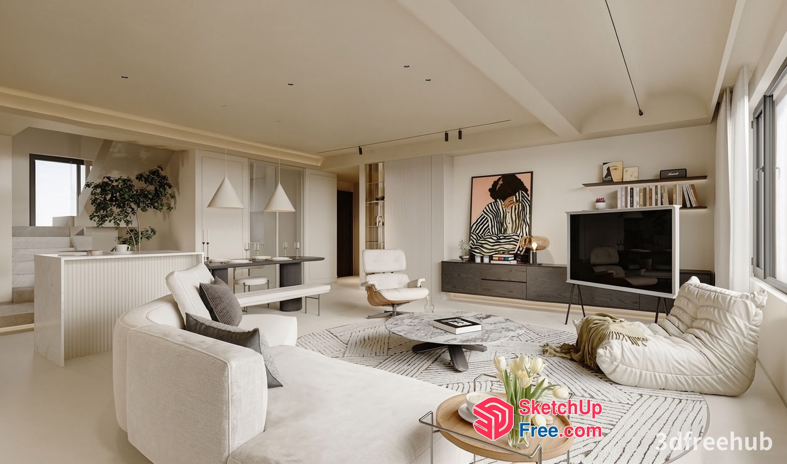 Modern Minimalist White And Wood Living Room Interior 3D SketchUp File
