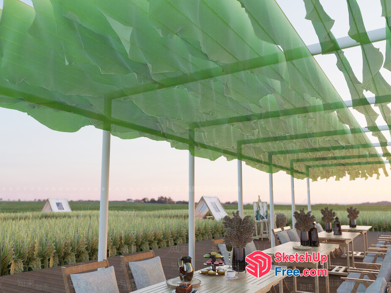 Outdoor Dining Area With Green Canopy And Wooden Tables 3D SketchUp File