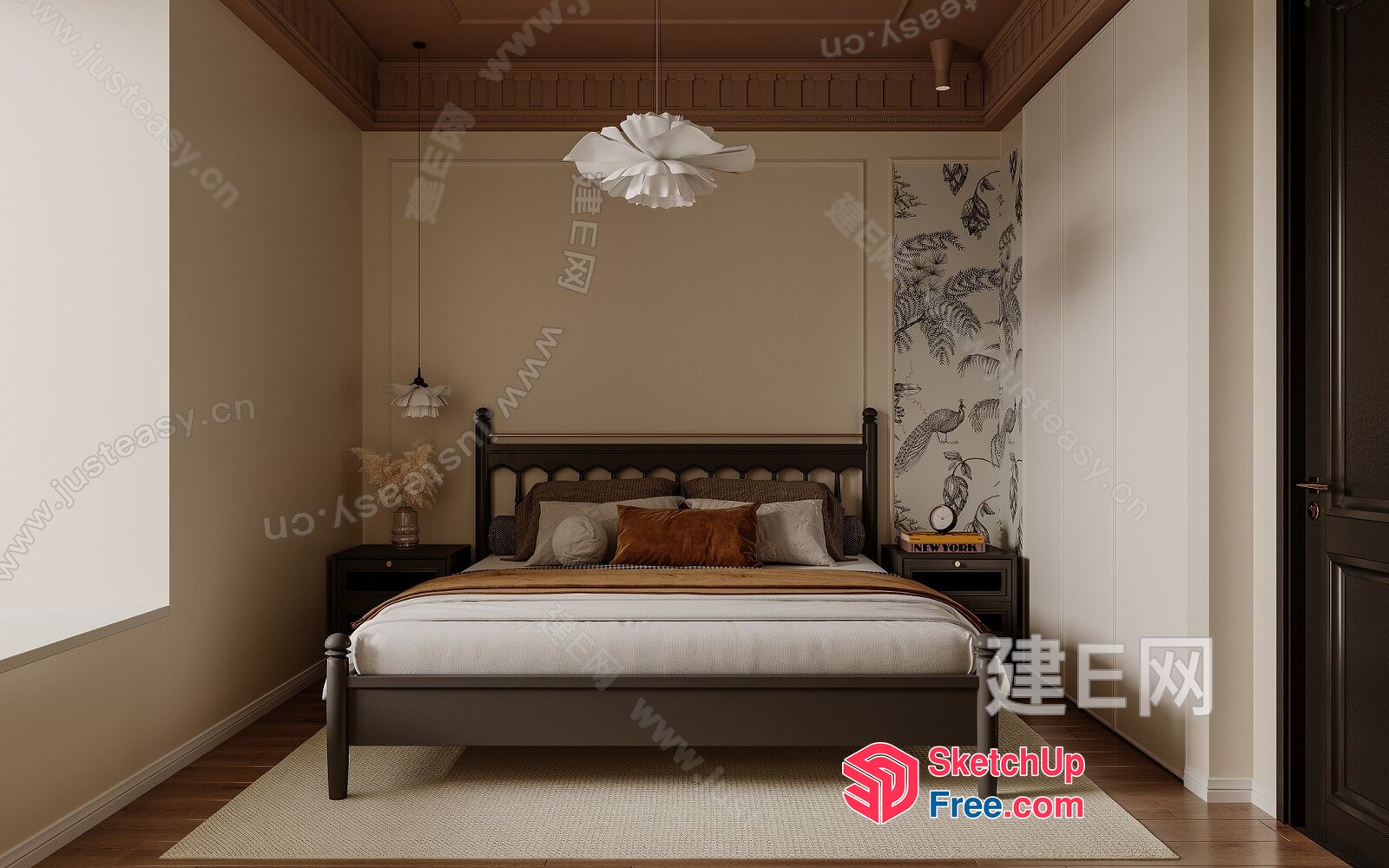 Elegant Bedroom With White Bedding And Dark Wood Furniture 3D SketchUp File