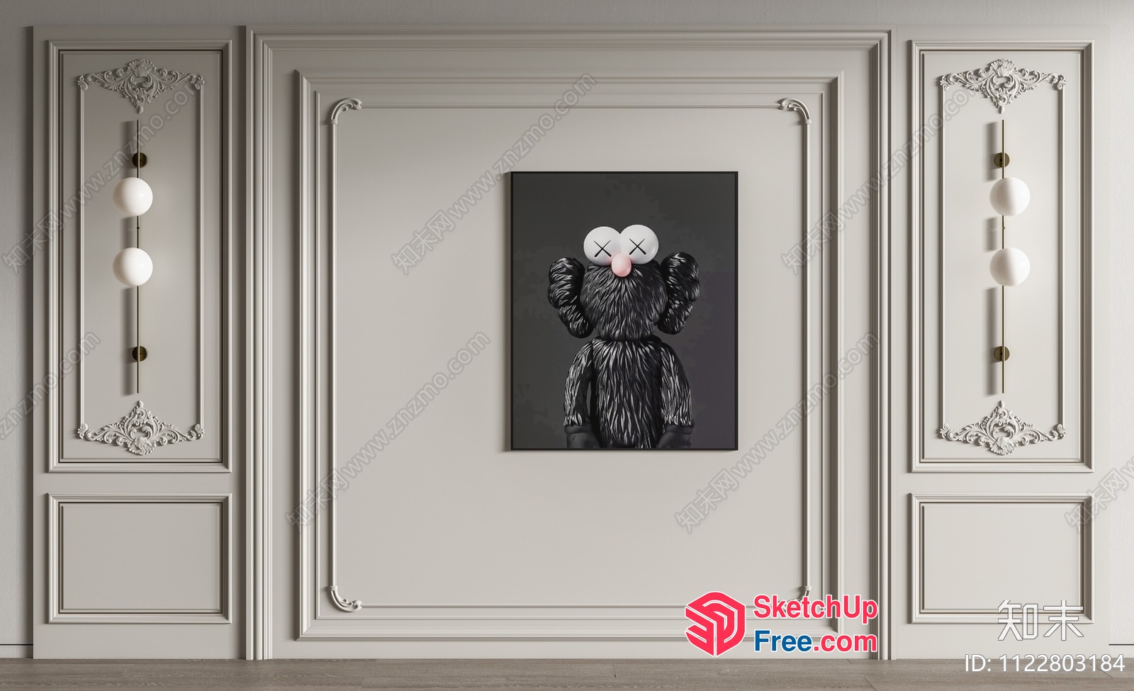 Black And White Kaws Character In Ornate White Frame 3D SketchUp File