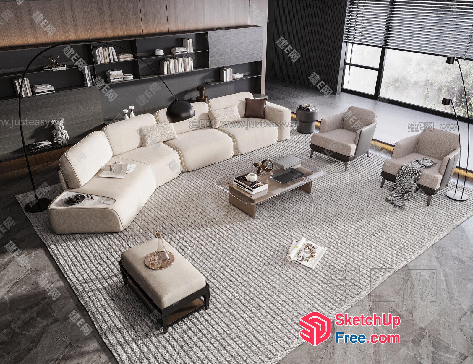 Modern Minimalist Living Room With Creamy Sofa And Glass Table 3D SketchUp File