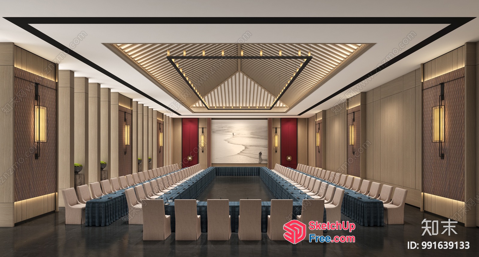 Long Conference Room With Central Table And Chairs 3D SketchUp File