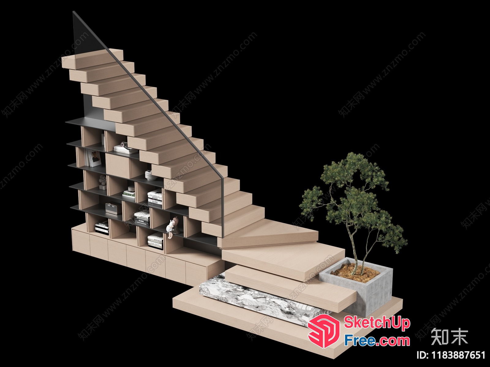 Modern Staircase Design With Built-In Bookshelf And Plant 3D SketchUp File