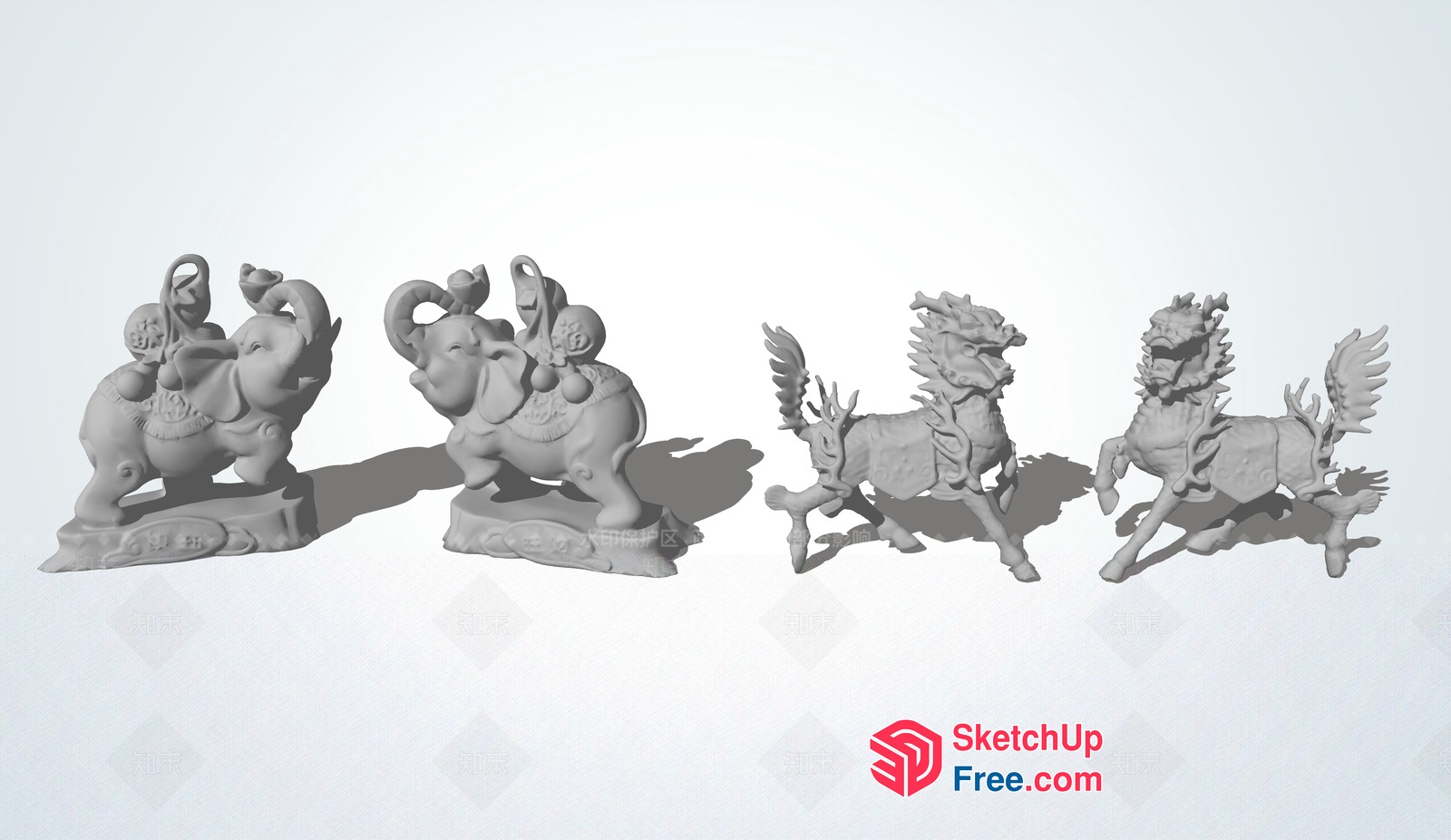 Four Asian-Inspired Statues Of Animals 3D SketchUp File